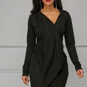 💋V-neck Asymmetrical Hem Black Drape Dress 💍